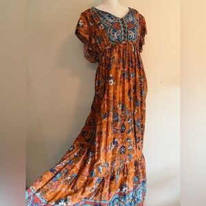 Women’s Orange Paisley Maxi Dress with Blue Accent